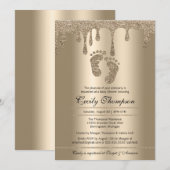 ゴールド グリッター ドリップ ラグジュアリー メタリック ベイビー フィート シャワー 招待状 (正面/裏面)