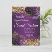 ゴールド グリッター パープル フラワーズ グラム スイート シックスティーン 招待状 (スタンド正面)