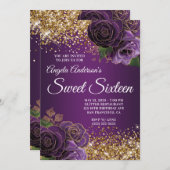 ゴールド グリッター パープル フラワーズ グラム スイート シックスティーン 招待状 (正面/裏面)