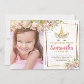 ゴールド グリッター | フラワーユニコーンのホーン 誕生日写真 招待状 (正面)