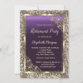 ゴールド グリッター フローラル フレーム パープル 引退 招待状 (正面)