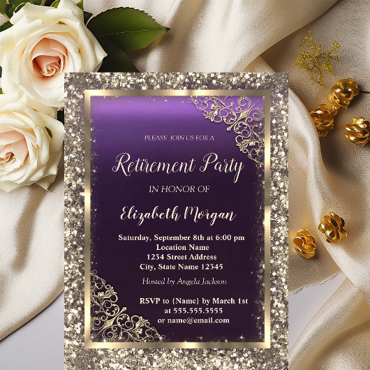 ゴールド グリッター フローラル フレーム パープル 引退 招待状