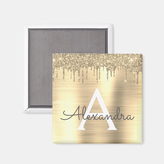 ゴールド グリッター ブラシ メタル モノグラム ネーム マグネット (正面/裏面)