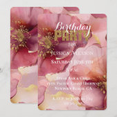 ゴールド グリッター ブラッシュ バーガンディ フラワーズ 誕生日 招待状 (正面/裏面)