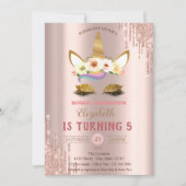 ゴールド グリッター ユニコーン, ローズゴールド ドリップス バースデー 招待状 (正面)