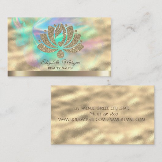 ゴールド グリッター ロータス ホログラフィック インク ビューティー サロン 名刺 (正面/裏面)
