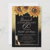 ゴールド グリッター、ワイン、ガラス、 ひまわりの結婚記念日 招待状 (正面)