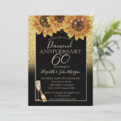 ゴールド グリッター、ワイン、グラス、 ひまわりのアニバーサリー 招待状 (スタンド正面)
