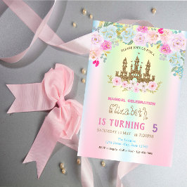 ゴールド グリッター 城 花の ホログラム 誕生日 招待状