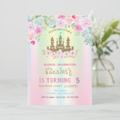 ゴールド グリッター 城 花の ホログラム 誕生日 招待状 (スタンド正面)