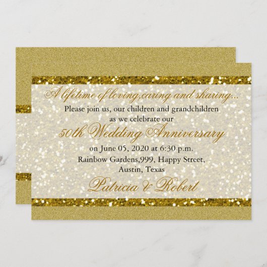 ゴールド グリッター 50周年 ゴールデン ウェディング アニバーサリー 招待状 (正面/裏面)