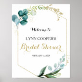 ゴールド&グリーンのユーカリ ブライダルシャワーのお出迎え ポスター (正面)