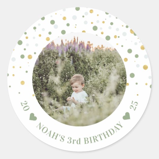 ゴールド＆グリーンの風船 | 男の子の誕生日パーティーの写真 ラウンドシール (正面)