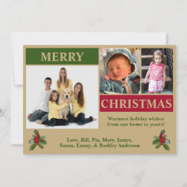 ゴールド、グリーン、レッド モダン3枚写真クリスマスカード シーズンカード