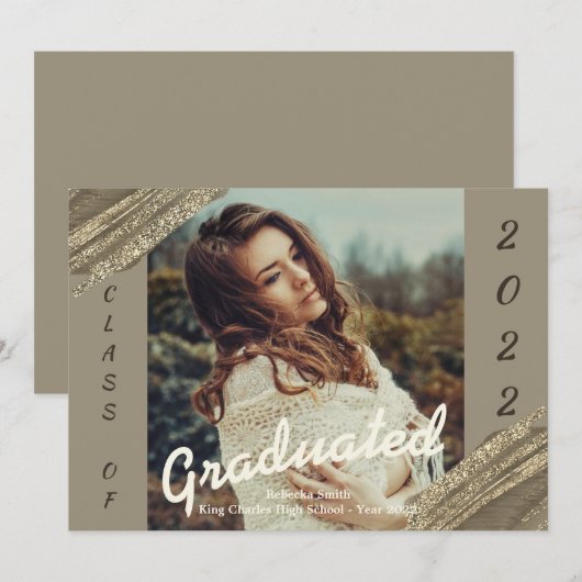 ゴールド グリーン 卒業写真 卒業おめでとうカード 招待状 (正面/裏面)