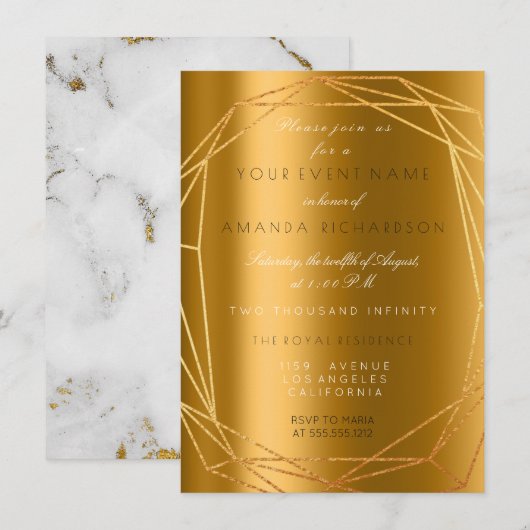 ゴールド グレー マーブル ストーン 誕生日 ダイヤモンド フレーム 招待状 (正面/裏面)
