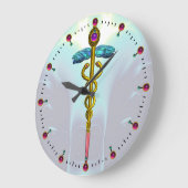 ゴールド ケドゥケウス 医療 シンボル ライト ティール アクア ブルー ラージ壁時計 (傾斜)