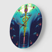 ゴールド ケドゥケウス 医療 シンボル 青 ターコイズ ラージ壁時計 (傾斜)