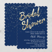 ゴールド コンフェッティ ブライダル シャワー スクリプト ネイビー ブルー 招待状 (正面/裏面)