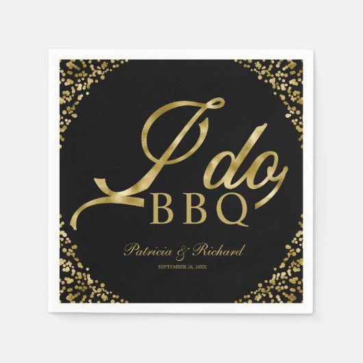 ゴールド コンフェッティ ブラック I Do BBQ 婚約パーティー スタンダードカクテルナプキン (正面)