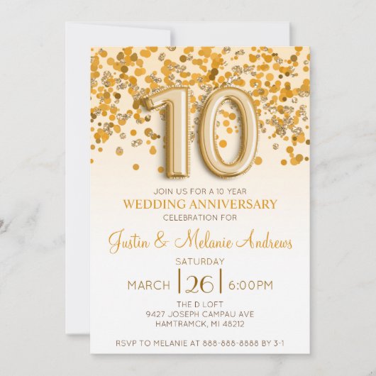 ゴールド コンフェッティ 10周年 結婚記念日 招待状 (正面)