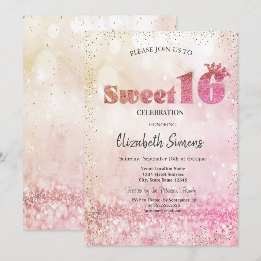 ゴールド コンフェティ プリンセス ボケ Sweet 16 招待状 (正面/裏面)