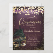 ゴールド コンフェティ マスク バーガンディ quinceañera 招待状 (正面)