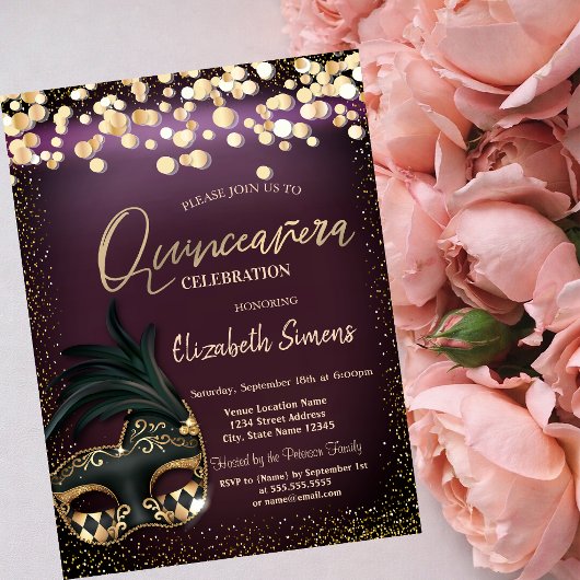 ゴールド コンフェティ マスク バーガンディ quinceañera 招待状