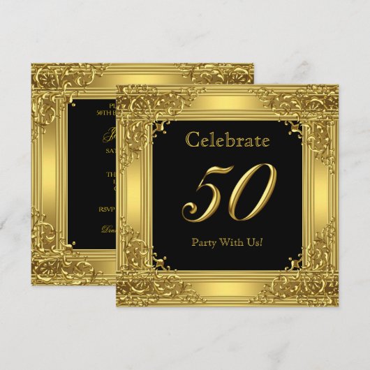 ゴールド ゴールデン 50 黒の50歳の誕生日パーティー 招待状 (正面/裏面)