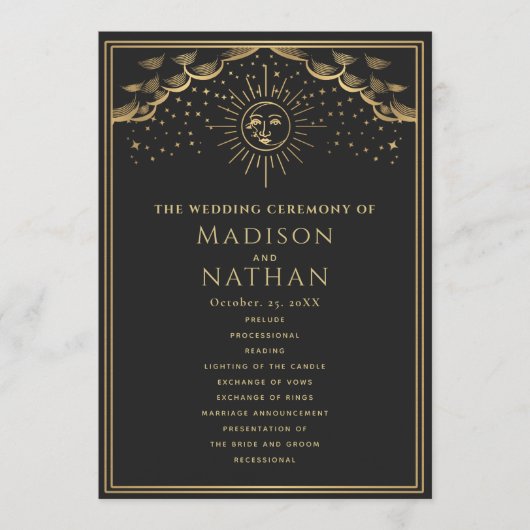 ゴールド サン アンド ムーン タロット ウェディング プログラム (正面)