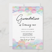 ゴールド シマーとバブル レインボー 1歳の誕生日 招待状 (正面)