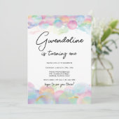 ゴールド シマーとバブル レインボー 1歳誕生日 招待状 (スタンド正面)