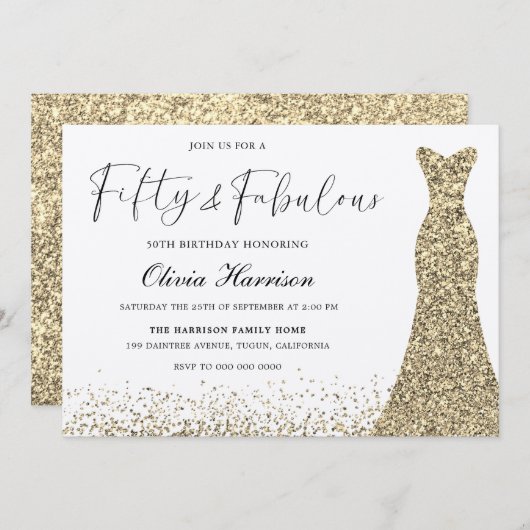 ゴールド シマー ドレス フィフティ＆ファビュラス 50歳の誕生日 招待状 (正面/裏面)