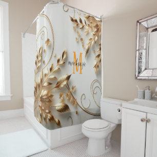 ゴールド シャイニー オレンジ モノグラム モダン スクリプト ウェディング シャワーカーテン