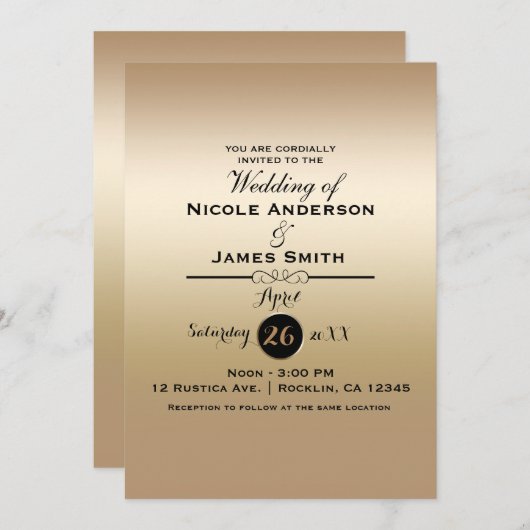 ゴールド シャイン シャイニー メタリック エレガント クラシック ウェディング 招待状 (正面/裏面)