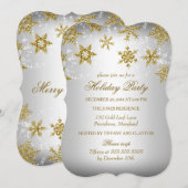 ゴールド＆シルバーの雪の結晶クリスマスホリデーパーティー 招待状 (正面/裏面)