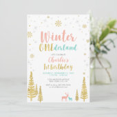 ゴールド&シルバー ウィンターオンデーランド 1歳の誕生日パーティー 招待状 (スタンド正面)