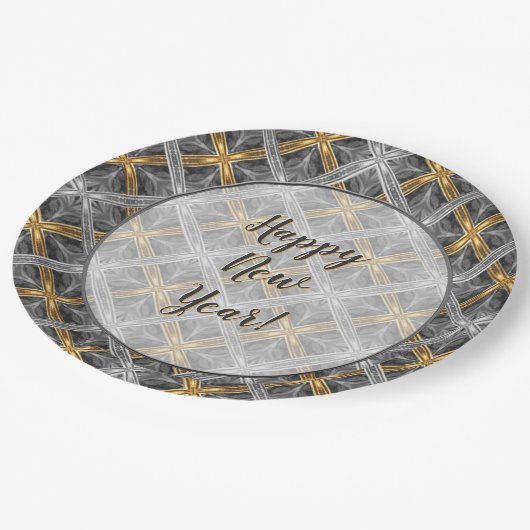 ゴールド、シルバー、グレーのレースダイヤモンドパターン ペーパープレート (アングル)