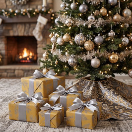 ゴールド シルバー グレー ボタニカル シックなクリスマス ラッピングペーパー
