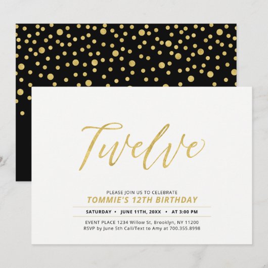 ゴールド シンプル モダン レタリング 12歳の誕生日パーティー 招待状 (正面/裏面)