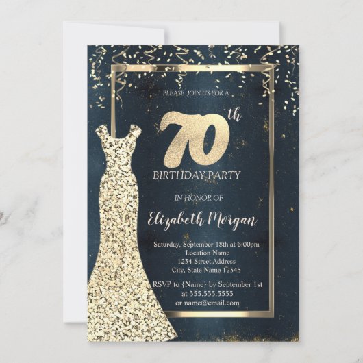 ゴールド シークインのドレス ダークフレーム、ブルー 70歳の誕生日 招待状 (正面)
