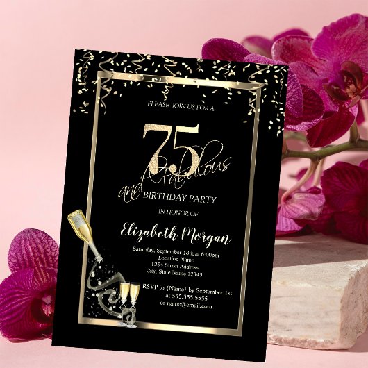 ゴールド シークインズ、ワインボトル 75歳の誕生日 招待状