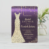 ゴールド シークイン ドレス、コンフェッティ パープル ブライダル シャワー 招待状 (スタンド正面)
