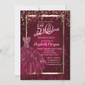 ゴールド シークイン バーガンディ グリッター ドレス 50歳の誕生日 招待状 (正面)