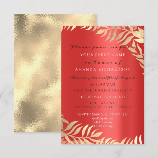 ゴールド ジャングル レッド ルビー ゴールド エレガント ウェディング バースデー 招待状 (正面/裏面)