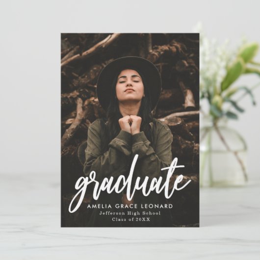 ゴールド |スクリプト形式のフォト卒業パーティー 招待状 (スタンド正面)