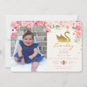 ゴールド スワン プリンセス ピンク フラワー バースデー インビテーション (正面)