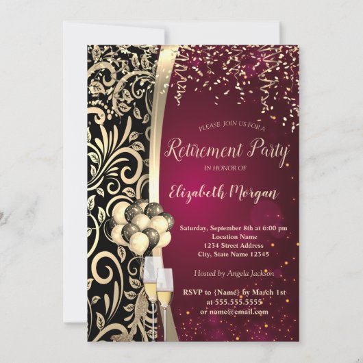 ゴールド スワール ガラス,ハイ ヒール,レッド リタイアメント 招待状 (正面)