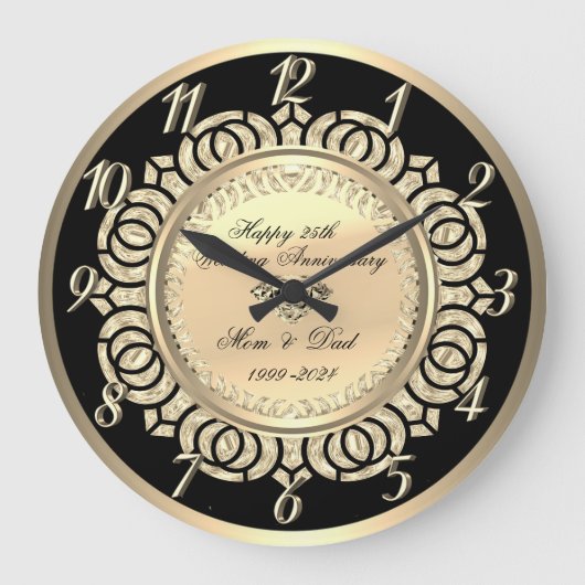 ゴールド スワール ブラック 25周年結婚記念日 ラージ壁時計 (正面)