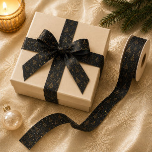 ゴールド セレスティアル クリスマスツリー柄 リボン サテンリボン